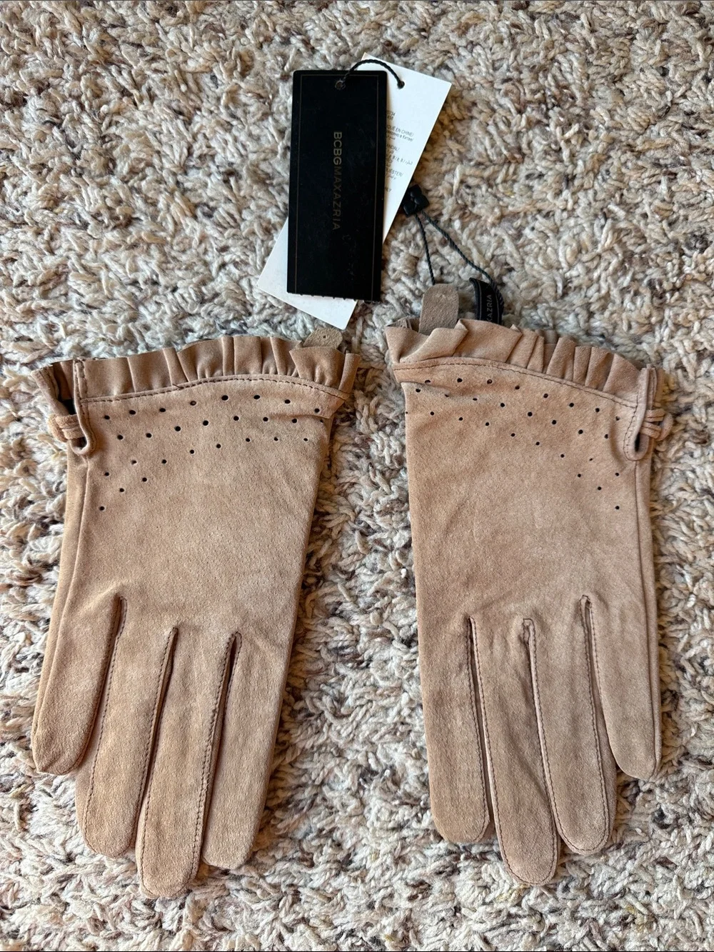 BCBGMaxAzria Taupe Suede Ruffle-Trim Gloves